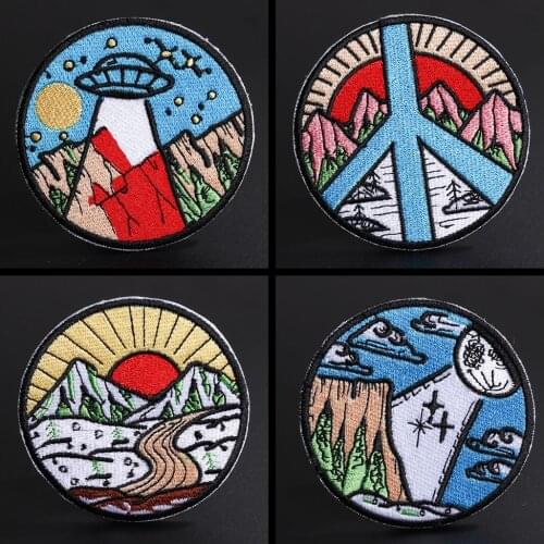 Space UFO Round Clothing Patches Embroidery Scenery Long River Sunset Interesting Pants Bag Decoration High Quality Badge