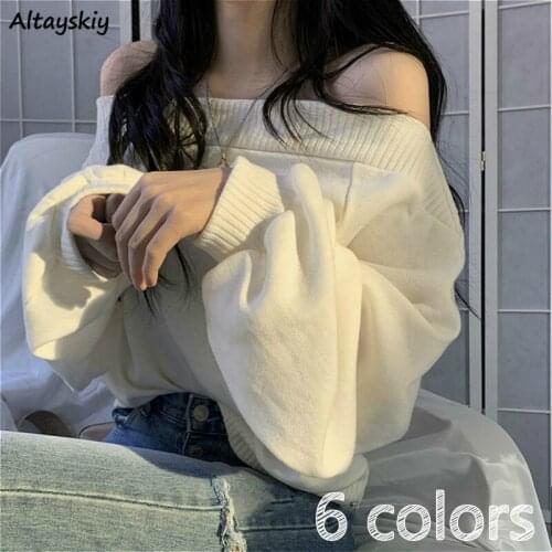 Sweaters Women Slash Neck Pullovers Solid Cropped Popular Sexy Leisure Ulzzang Daily Students Knitting Long Sleeve White Retro