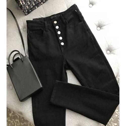 Cosmicchic Women Skinny Jeans High Waist Black Casual Elastic Slim Denim Jeans Single Breasted Golden Buttons Fit Pencil Pants