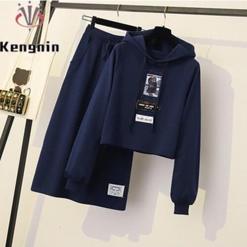 New 2021 Autumn Women Suits Plus Size 4XL Loose Hooded Hoodies +Elastic Waist Skirts Thick Two Piece Sets Ladies Clothes KE1673