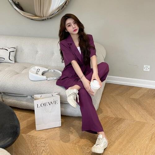 Fashion Office Purple Pant Suits Woman 2 Pieces Set Casual Female Outfits Summer Short Sleeve Blazer High Waist Wide Leg Pants