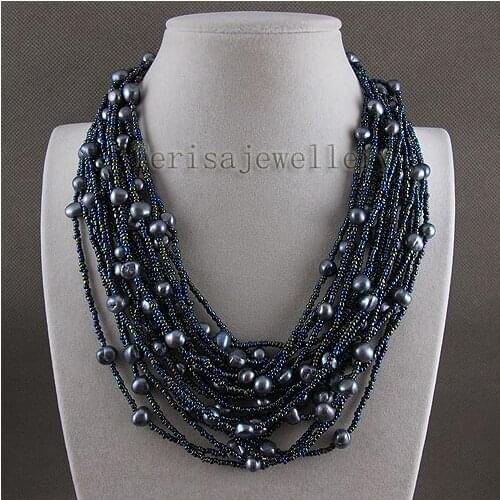 New Classic Women Pearl Jewelry 24rows Black Color Baroque Natural Freshwater Pearl Necklace Flower Clasp Charming Girl Gift