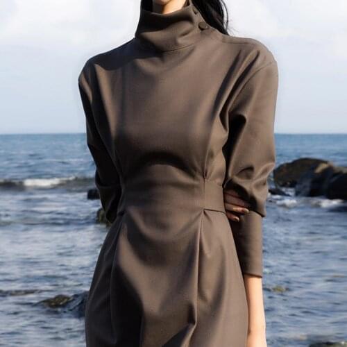 Korean Chic Elegant Temperament Turtleneck Dress Women Slim Waist Casual Belt Maxi Dresses Vestidos Mujer