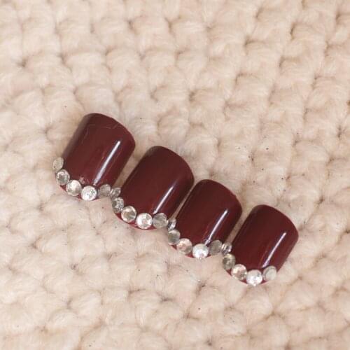 24 Hot Sale Fashion Candy Color Crystal Diamond Nail Finishes Fake Nails Short Red wine N83-2