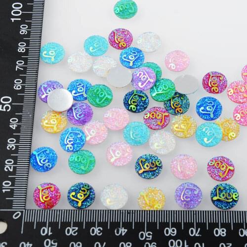 BOLIAO 80Pcs 12mm (0.47In) Round Shape "Love" Resin AB Color Rhinestone Flatback Clothes Home Holiday Decoration Glue Not Hole