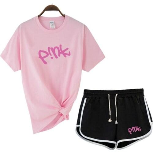 Brand Womens T-shirt + Shorts 2-piece Set Womens 2021 New Casual Suits Womens Sports Suits Brand Womens T-shirt Tops Pink