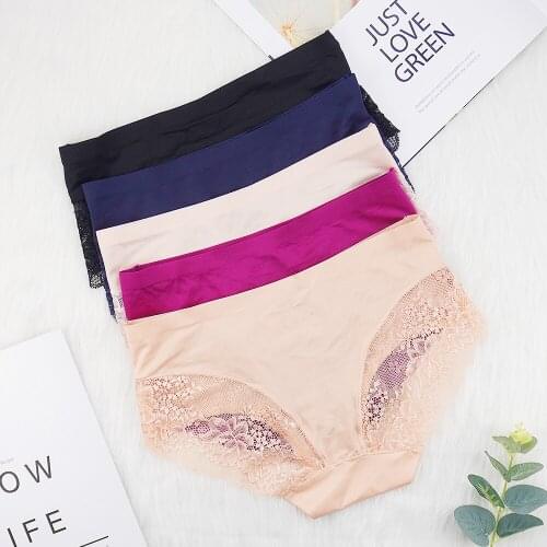 1 Piece Sexy Lingerie Feminina Women Underwear Ice Silk Seamless Panties Solid Color Lady Briefs Lace Underpants Satin Panties