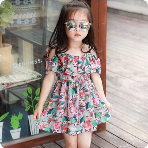 Korean Girl Childrens Garment 2016 Summer New Pattern Cartoon Doodle Camisole Lotus Leaf Off The Edge Dress Girl Baby