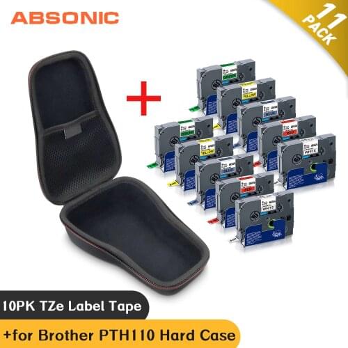 Absonnic 10pcs Mixed Set TZe Tape TZe-221 with Label Maker Case Compatible for Brother PT-H105 PT-H111 Label Printer Hard Case