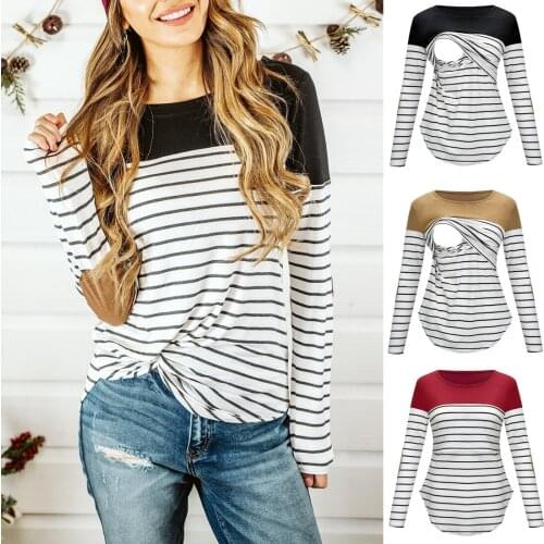 Pregnant Women Maternity Nursing Pullover Striped Long Sleeve Breastfeeding T-Shirt Spring Autumn Loose Casual Tee Tops