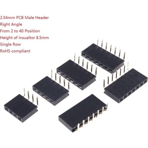 Horizontal 2.54 mm PCB Female Header Single Row Right Angle 2 to 40 Pin Strip Connector through Holes Board SIP Socket 8.5mm H