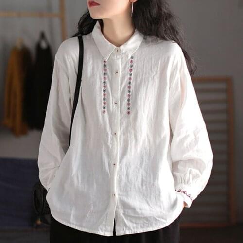 Johnature Retro Embroidery Turn-down Collar Single Breasted All-match Shirt 2021 Autumn New Cotton Linen Comfortable Women Tops