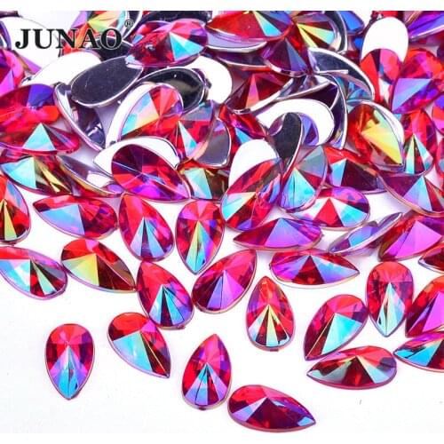 JUNAO 8*13mm Red AB Drop Shape Rhinestones Flat Back Diamond Crystal Stone Glue on Strass Stickers for Clothes Shoes