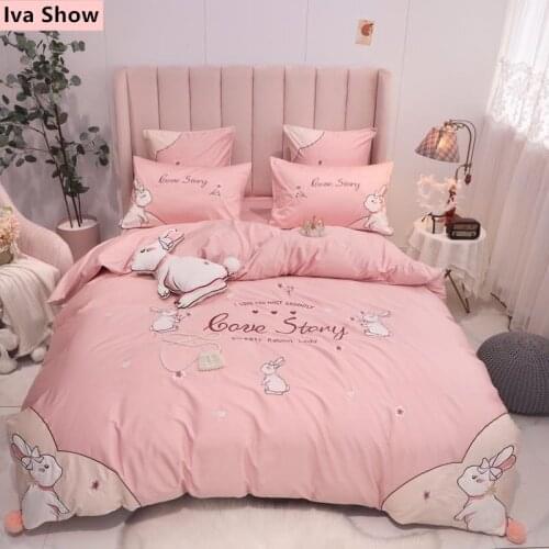 Acacia Bunny Duvet Cover+Pink Bed Sheet+Bunny Chick Pillowcases Long-staple Cotton Embroidery Bedding Set Queen/King Size Bed