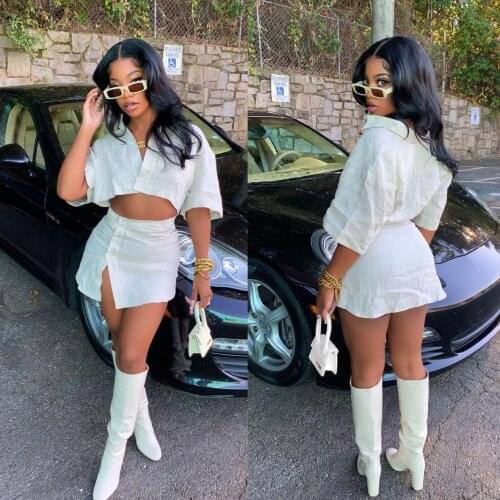 Echoine Summer New Design Button V-neck Short Sleeve Crop Tops Split Mini Skirt Two Piece Set Ladies Sexy White Matching Set