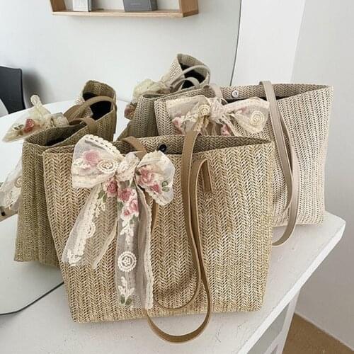 Fashion Women Straw Woven Shoulder Shopping Bag Ladies Summer Beach Vacation Totes Handbags Casual Lace Ribbon Designer Totes
