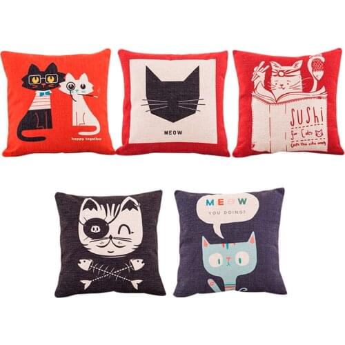 BV01080 Lovely Cat Cushion Cover Cartoon Linen Cotton Printing Pattern Printing Home Car Seat Pillow Cover European Decoration