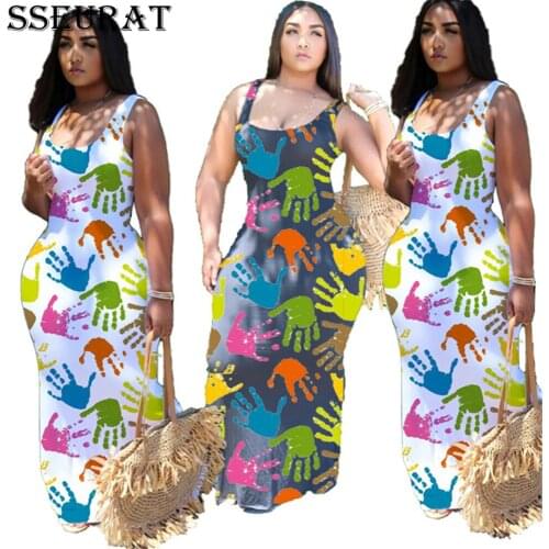 SSEURAT Women Long Dress Sleeveless Print Sheath Elastic Floor-length Dresses Female High Street Fashion Dress Summer Outfit