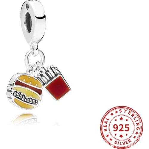 Real 925 sterling silver Beads DIY Crystal Burgers and Fries Hanging Charm Beads fit Original Pandora Bracelet Jewelry 2020