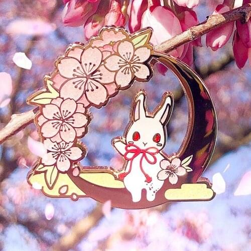 The Crescent Blossom Eclipses Bunny Rabbit Enamel Brooch Pin Hat Bag Lapel Pins Badges Women Mens Fashion Jewelry Accessories