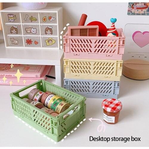 Mini Folding Plastic Storage Box Student Desktop Organizing Handbook Tape Stationery Home Office Storage Basket Dropshipping