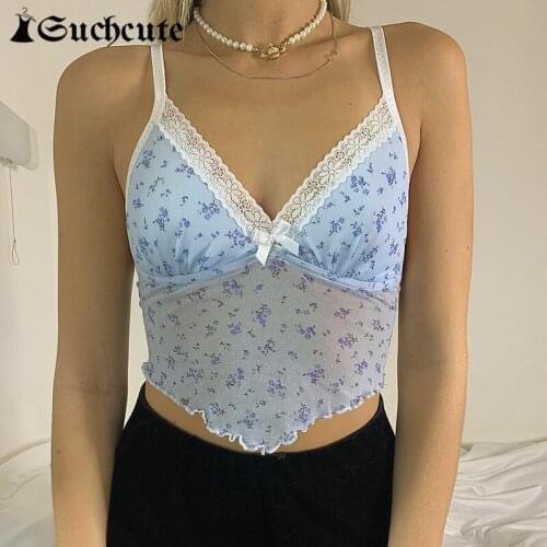 SUCHCUTE Floral Print 2000s Aesthetic Tank Tops For Women Korean Sexy V-Neck Lace Trim See Through Mesh Camisole Beachwear