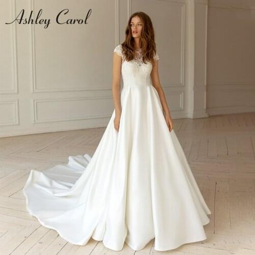 Ashley Carol A-Line Wedding Dress 2021 Dreamy Beaded Lace Appliques Scoop Short Sleeve Bride Satin Princess Bridal Gown
