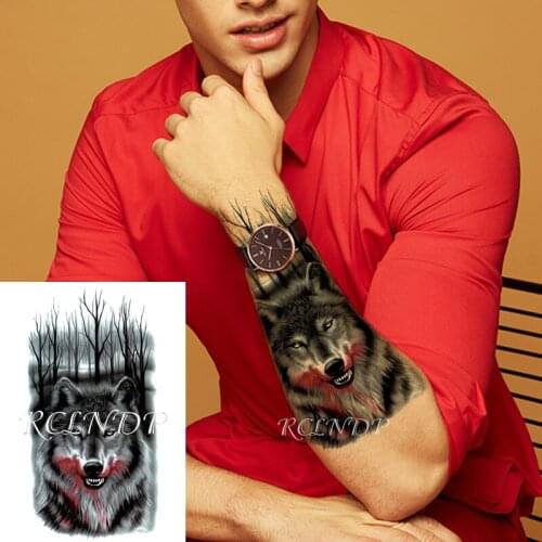 Waterproof Temporary Tattoo Sticker Bleeding Wolf Forest Dead Tree Big Size Fake Tatto Flash Tatoo Arm Leg Art for Women Men