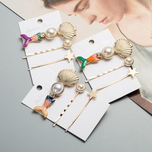1SET Colorful Fish Tail Imitation Pearl Shell Star Hair Clips For Women Hairgrip Rhinestones Hair Accessories Ocean Jewelry