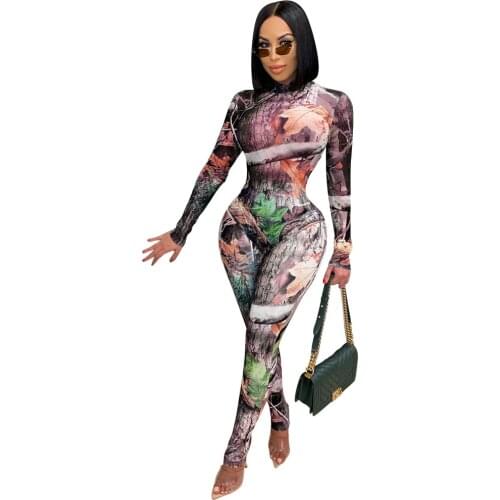 Women 2 Piece Sets Sheer Mesh See Through Pattern Print Long Sleeve Bandage Bodysuits and Skinny Legging Sweat Suit Outfits