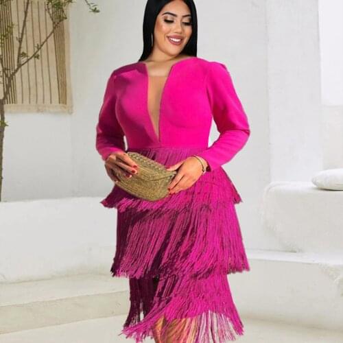 Sexy Rose Red Tassel Dress Casual Deep V Neck Long Sleeve Slim Fringe Dress Party Dresses Women Evening Elegant Night Club Dress