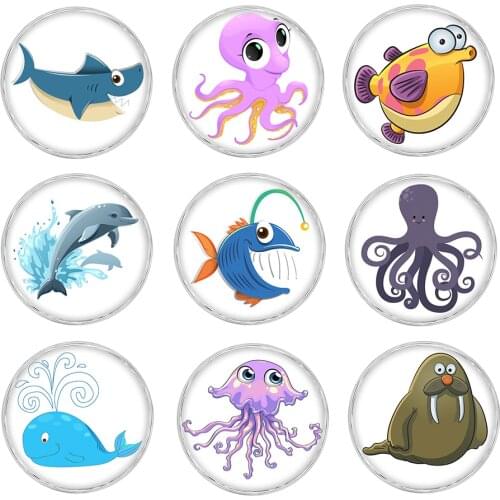 12 Colors Glass Acrylic Marine Animal GingerSnaps button Charms With Copper Metal Base Fit 18mm Snap Jewelry Vn-2000