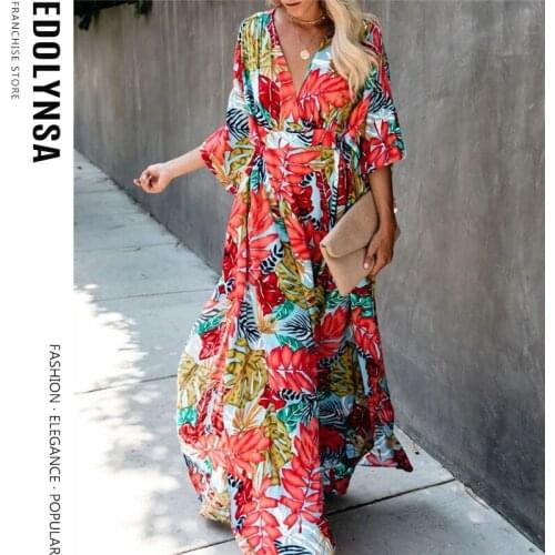 2020 Red Bohemian Floral Printed Half Length Bats Sleeve Summer Beach Wrap Dress Cotton Tunic Women Beachwear Long Dress Q944