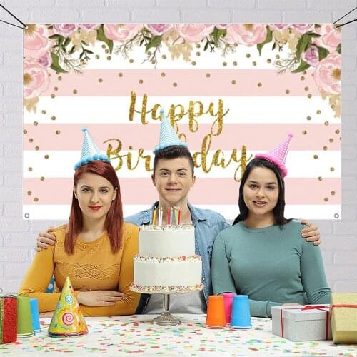Floral Happy Birthday Backdrop Watercolor Pink Flowers Party Photography Background Pink and White Stripes Glitter Decoration