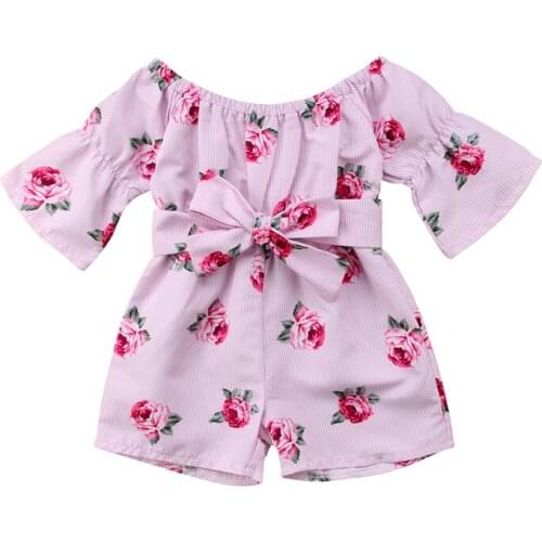 Hot Stylish Baby Girl RomperToddler Kid Off Shoudler Floral Striped Pink Belt Jumpsuit Sunsuit Playsuit Clothes Princess Outfit