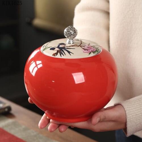 Creative Red Ceramic Tea Pot Large Candy Dried Fruit Sealed Kitchen Coffee Bean Tea Storage Box Food Container Home Decoration
