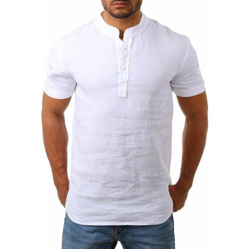 Mens Cotton Linen Solid Slim Fit Shirts Man Stand Collar Short Sleeve Shirt Summer Male Plus Size Muscle Shirts Top Four Color