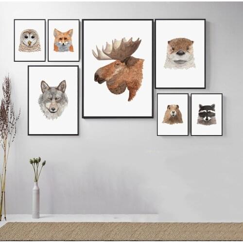 Nordic Printed Canvas Painting Modern Home Decoration Fox Moose Bear Raccoon Otter Animal Wall Artwork Modular Pictures Posters