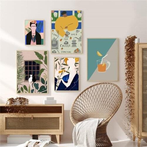Wall Art Canvas Painting Abstract Vintage Fashion Woman Poster Nordic Cat Plants Boho Trendy Pictures for Living Room Home Decor