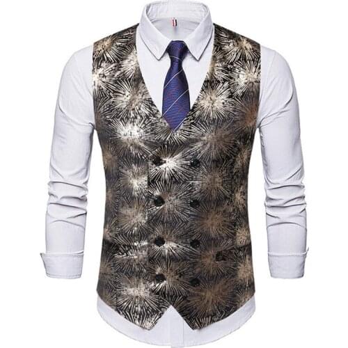 9755 New Fashion Spring &Autumn Clothing Bronzing Printing Mens Casual Double Breasted Slim-Fit Suit Vest
