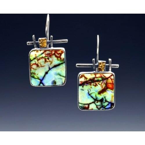 New Square Colored Glass Branch Pattern Small Earrings For Women Fantasy Two Tone Drop Earings Statement Brinco Accesorios Mujer