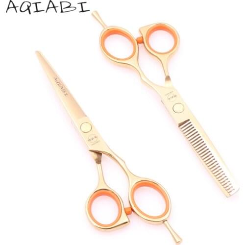 Hair Scissors Add Wooden Case 1014A 5.5" AQIABI JP Stainless Gold Barber Cutting Scissors Thinning Shears Hairdressing Scissors