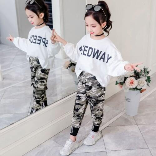 2021 Girls Fall Outfits Long Sleeved T-shirt + CAMO Pants 2pcs Sets Children Teenager Clothes Set Spring 4 6 8 10 12 Year