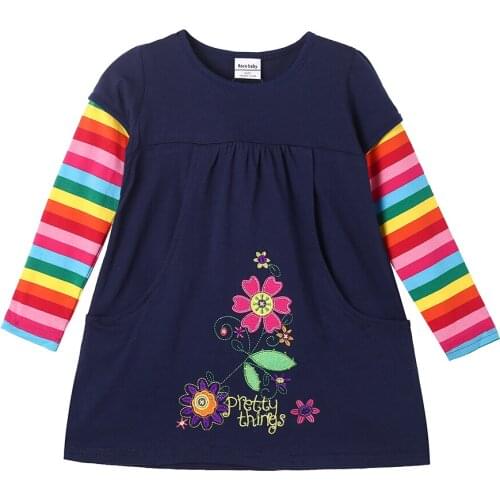 Casual Outdoor Fall Children Outfit Navy Blue Girl T Shirt Rainbow Sleeve with Flower Print Size 2 3 4 5 6 7 Years Old