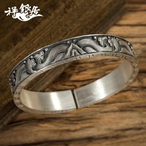 Wide surface waves national wind solid original handmade silver bracelet for men and women to restore ancient ways