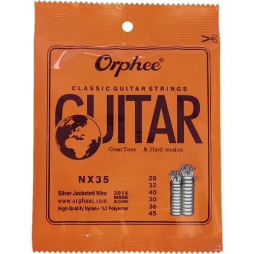 Orphee NX35 6pcs Classical Guitar Strings Full Set Replacement (.028-.045) Nylon Core Silver Jacketed Wire Hard Tension
