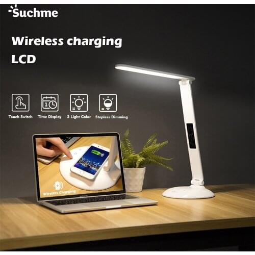 LED Desk Lamp Wireless Charging 3 Lights Color With 3 Levels of Brightness LED Table Lamp With Digital Clock Alarm