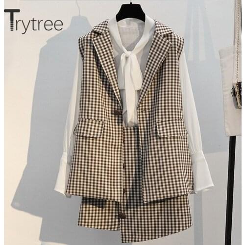 Trytree Autumn Women Top Three Piece Set Bow Flare Sleeve Pockets Tops + Skirt Mini Button Office Lady Plaid Suit 3 Piece Set