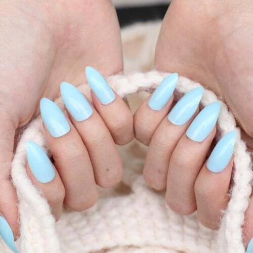 Solid color madam Long pointed candy false nails 24pcs tail tip Nail tablets light blue C22