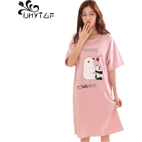 UHYTGF cotton summer nightgown Womens short sleeve print soft thin dress Round Neck Pullover Casual Home Student sleepwear 764